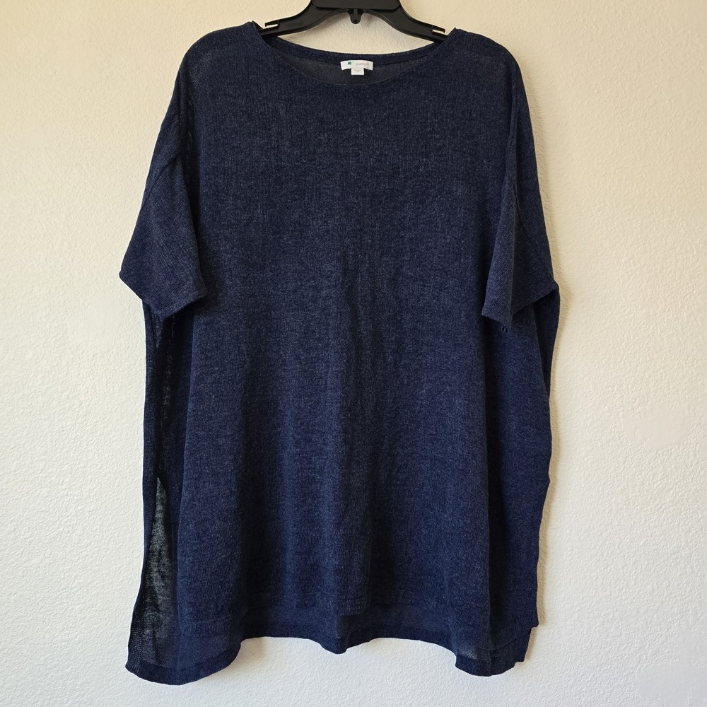 J.Jill Purejill Women's Navy Linen Blend Tunic Knit Top Lagenlook Coastal Sz Med - Picture 1 of 7
